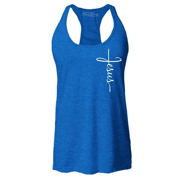 Shop4Ever Women's Jesus Cross Cursive Script Small Racerback Tank Top XX-Large Royal Blue
