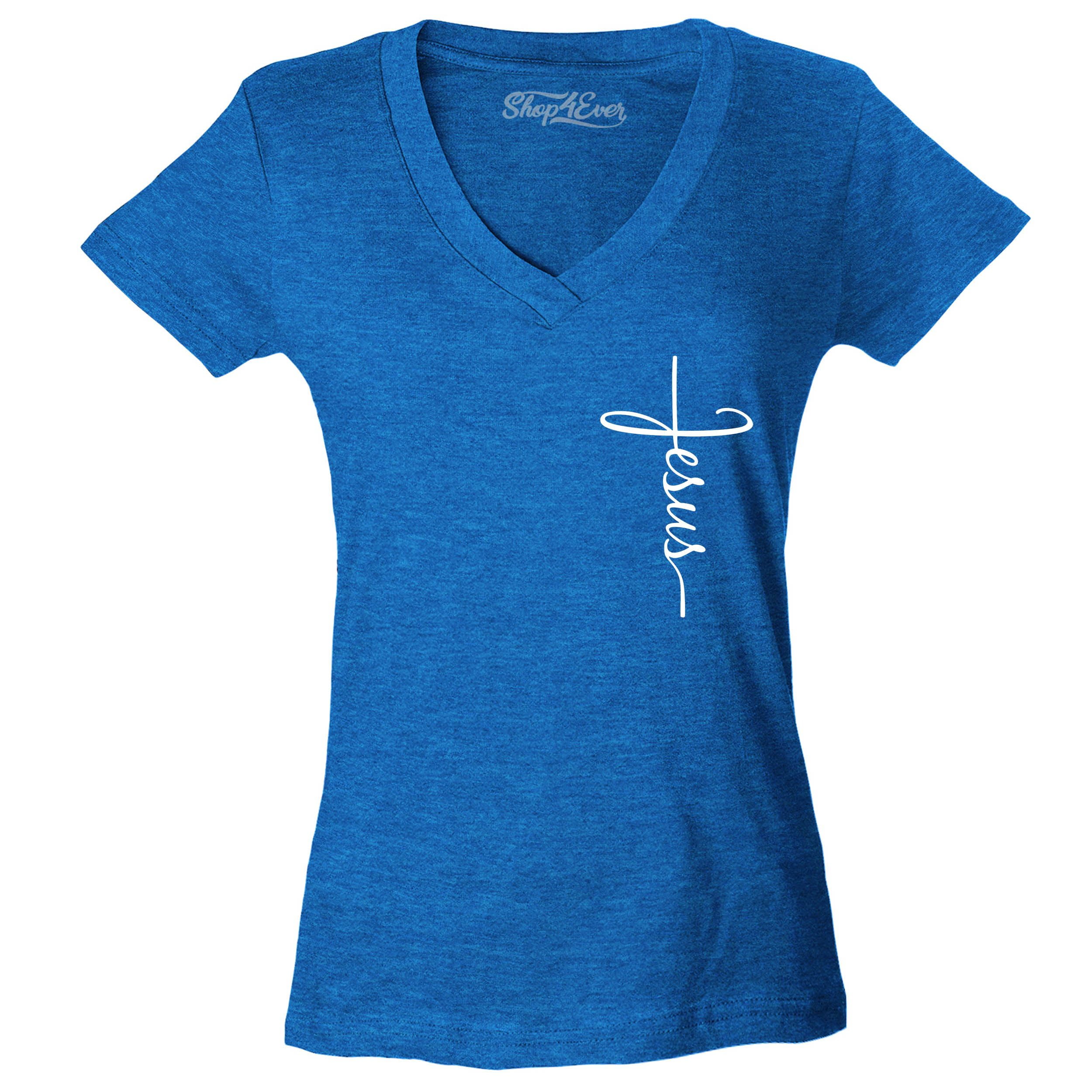 Shop4Ever Maglietta Donna Con Scollo A V E Croce Di Gesù, Blu, Taglia XX-Large, Misto Cotone - 2
