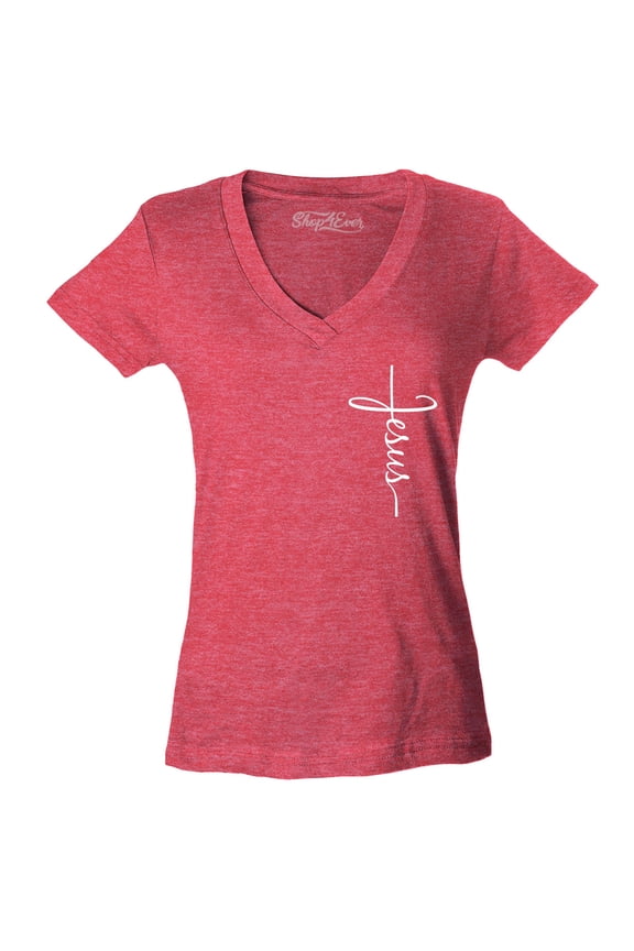 Women's Jesus Cross Cursive Script Small  Slim Fit V-Neck T-Shirt Small Heather Red