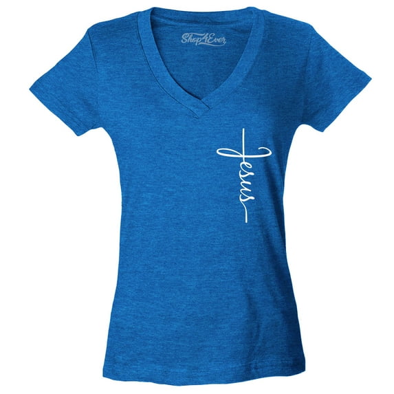 Shop4Ever Women's Jesus Cross Cursive Script Small Slim Fit V-Neck T-Shirt X-Small Heather Royal Blue