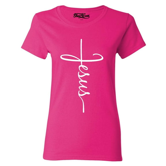 Shop4Ever Women's Jesus Cross Religious Graphic T-Shirt Small Heliconia Pink