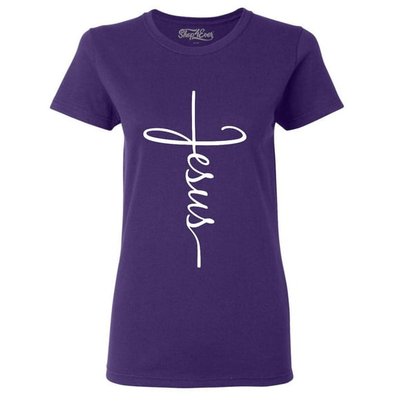 Shop4Ever Women's Jesus Cross Religious Graphic T-Shirt Small Purple