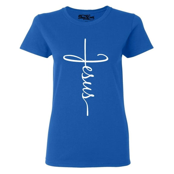 Shop4Ever Women's Jesus Cross Religious Graphic T-Shirt Small Royal Blue