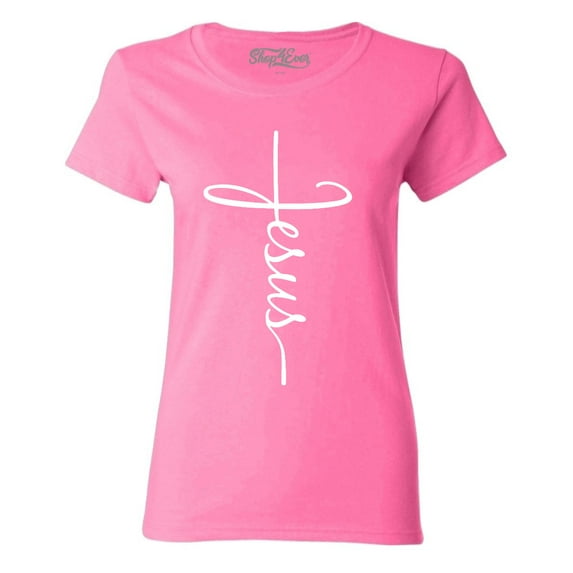 Shop4Ever Women's Jesus Cross Religious Graphic T-Shirt XX-Large Azalea Pink