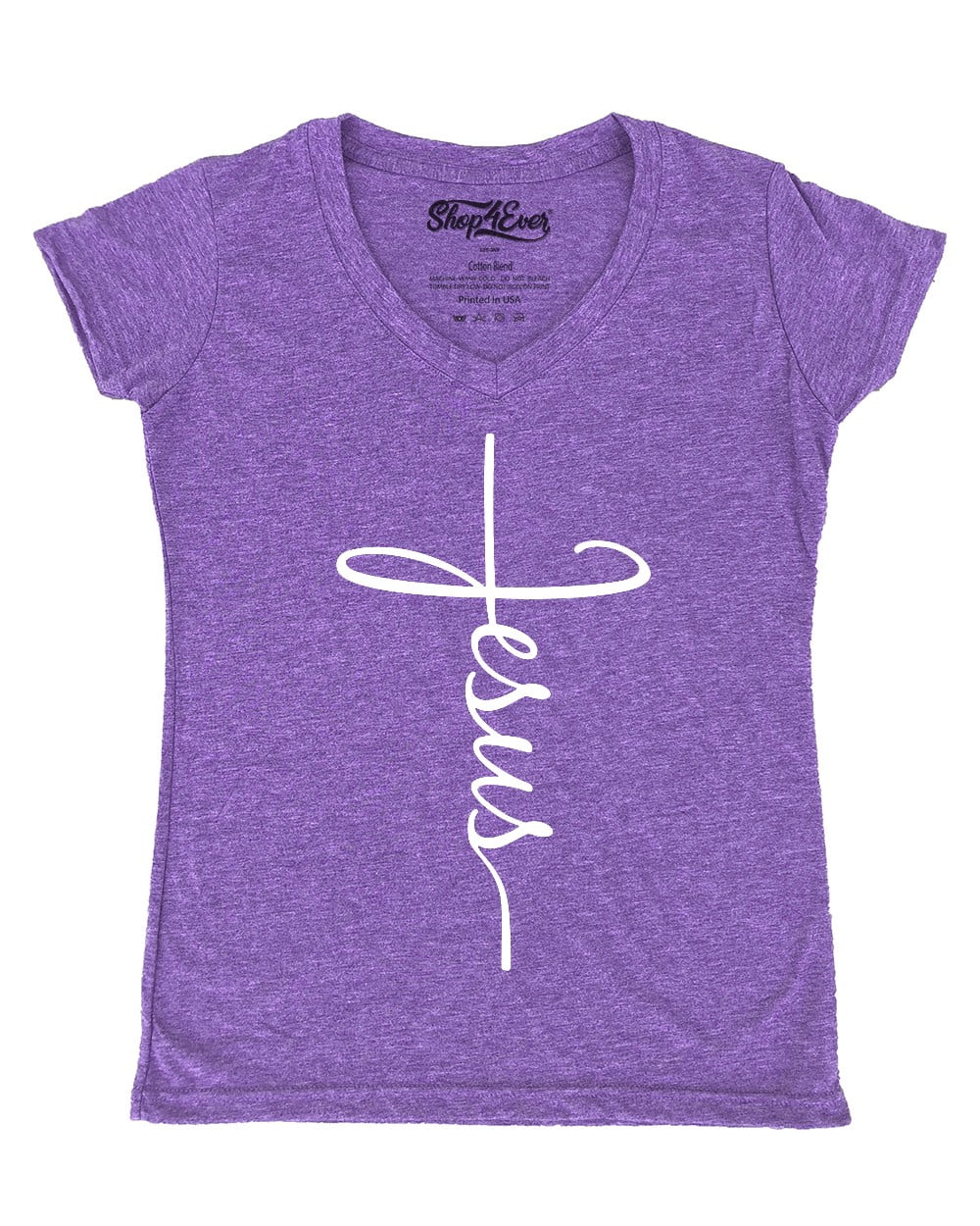 Shop4Ever Women's Jesus Cross Religious Slim Fit V-Neck T-Shirt Large ...