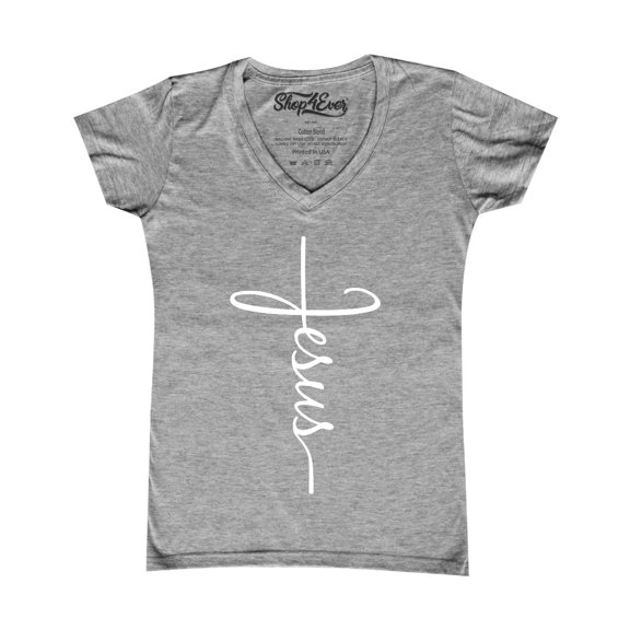 Shop4Ever Women's Jesus Cross Religious Slim Fit V-Neck T-Shirt Large Sports Grey