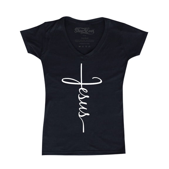 Shop4Ever Women's Jesus Cross Religious Slim Fit V-Neck T-Shirt Medium Black