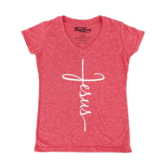 Shop4Ever Women's Jesus Cross Religious Slim Fit V-Neck T-Shirt X-Large Heather Red