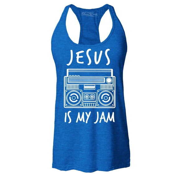 Shop4Ever Women's Jesus Is My Jam Funny Christian Faith Novelty Racerback Tank Top Medium Royal Blue