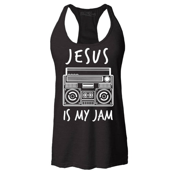 Shop4Ever Women's Jesus Is My Jam Funny Christian Faith Novelty Racerback Tank Top Small Black
