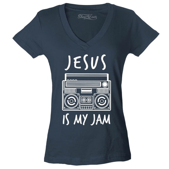Shop4Ever Women's Jesus Is My Jam Funny Christian Faith Novelty Slim Fit V-Neck T-Shirt Medium Charcoal