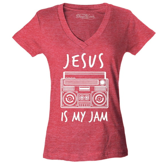 Shop4Ever Women's Jesus Is My Jam Funny Christian Faith Novelty Slim Fit V-Neck T-Shirt Medium Heather Red