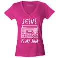 thumbnail image 1 of Shop4Ever Women's Jesus Is My Jam Funny Christian Faith Novelty Slim Fit V-Neck T-Shirt Small Pink, 1 of 5