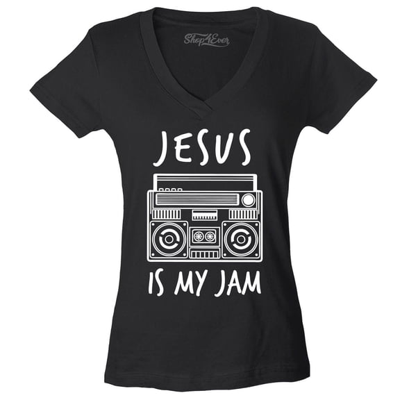 Shop4Ever Women's Jesus Is My Jam Funny Christian Faith Novelty Slim Fit V-Neck T-Shirt X-Large Black