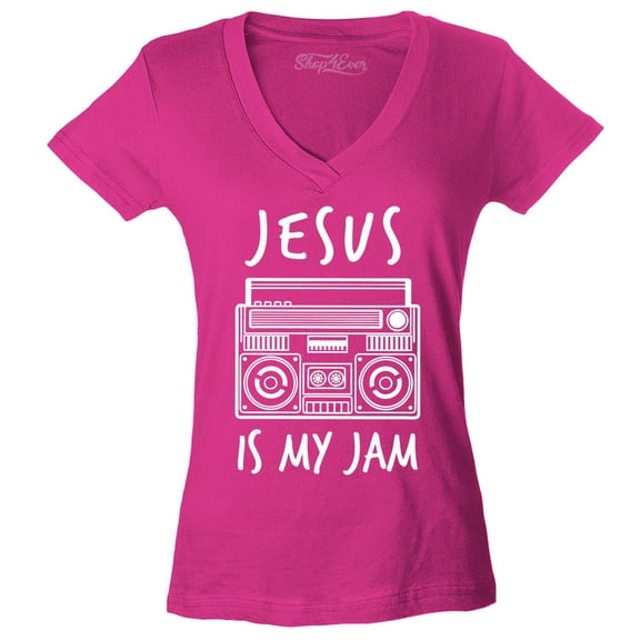 Shop4Ever Women's Jesus Is My Jam Funny Christian Faith Novelty Slim Fit V-Neck T-Shirt X-Small Pink