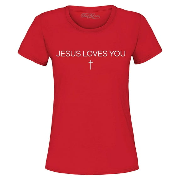 Shop4Ever Women's Jesus Loves You Minimal Cross Graphic T-Shirt Medium Red