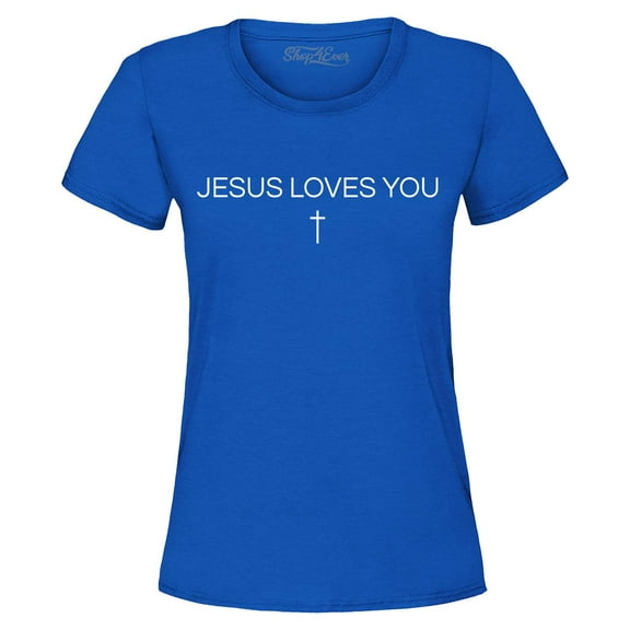 Shop4Ever Women's Jesus Loves You Minimal Cross  Graphic T-Shirt XXX-Large Royal Blue