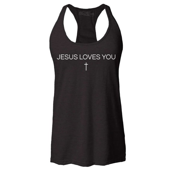 Shop4Ever Women's Jesus Loves You Minimal Cross Racerback Tank Top Medium Black
