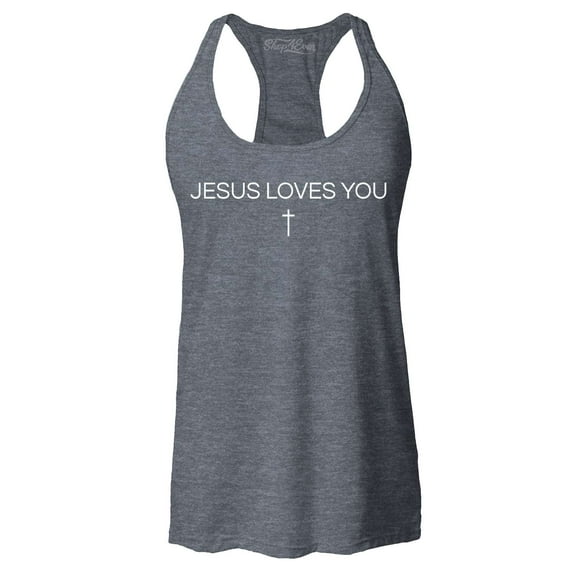 Shop4Ever Women's Jesus Loves You Minimal Cross Racerback Tank Top X-Small Charcoal