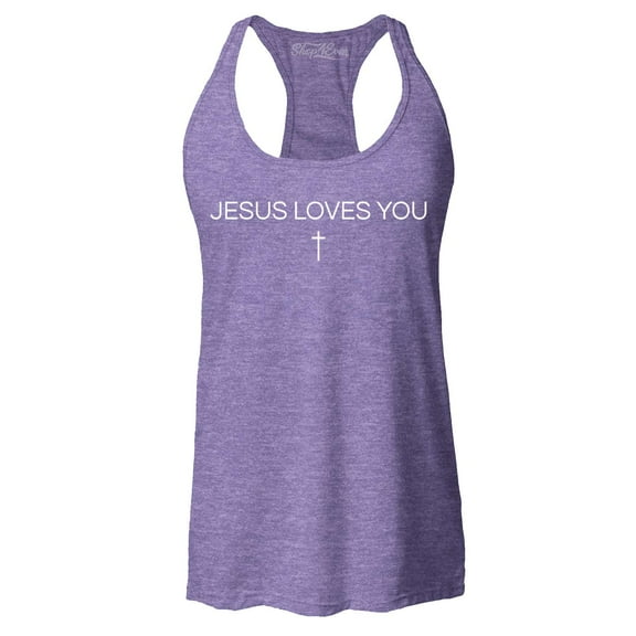Shop4Ever Women's Jesus Loves You Minimal Cross Racerback Tank Top X-Small Purple