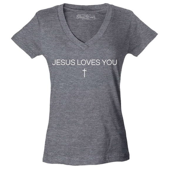 Shop4Ever Women's Jesus Loves You Minimal Cross  Slim Fit V-Neck T-Shirt Medium Heather Charcoal