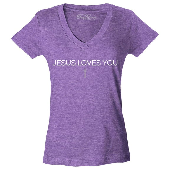 Shop4Ever Women's Jesus Loves You Minimal Cross Slim Fit V-Neck T-Shirt Medium Heather Purple
