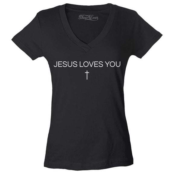 Shop4Ever Women's Jesus Loves You Minimal Cross  Slim Fit V-Neck T-Shirt Small Black