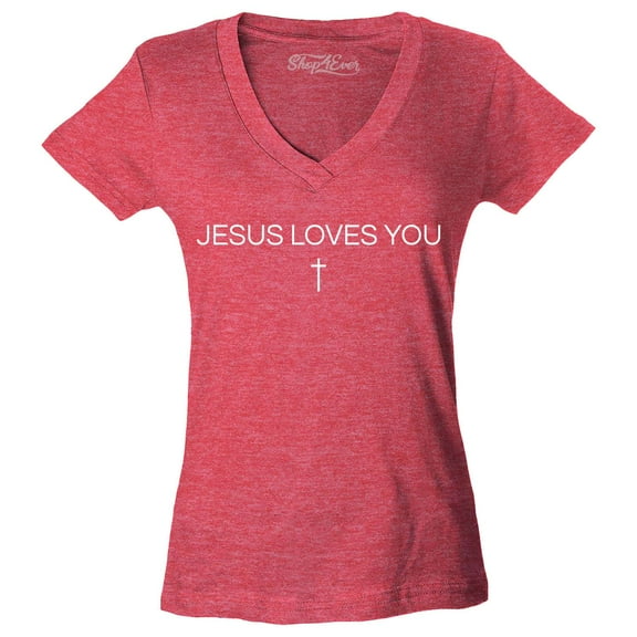 Shop4Ever Women's Jesus Loves You Minimal Cross Slim Fit V-Neck T-Shirt Small Heather Red