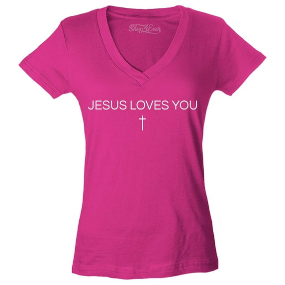 Shop4Ever Women's Jesus Loves You Minimal Cross Slim Fit V-Neck T-Shirt X-Small Pink