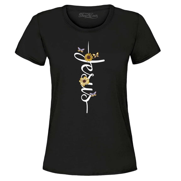 Shop4Ever Women's Jesus Script Cross with Flowers and Butterflies Graphic T-Shirt Large Black