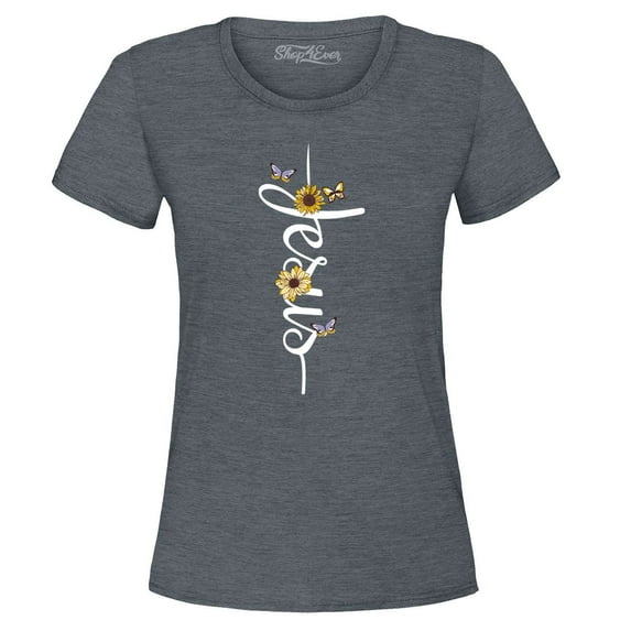 Shop4Ever Women's Jesus Script Cross with Flowers and Butterflies Graphic T-Shirt X-Large Dark Heather