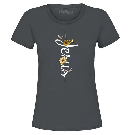 Shop4Ever Women's Jesus Script Cross with Flowers and Butterflies Graphic T-Shirt XX-Large Charcoal