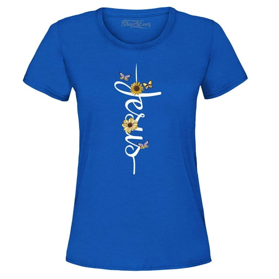 Shop4Ever Women's Jesus Script Cross with Flowers and Butterflies Graphic T-Shirt XX-Large Royal Blue