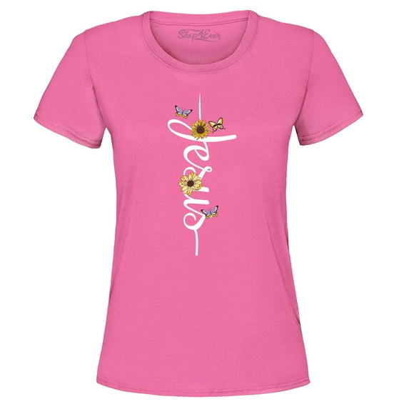 Shop4Ever Women's Jesus Script Cross with Flowers and Butterflies Graphic T-Shirt XXX-Large Azalea Pink