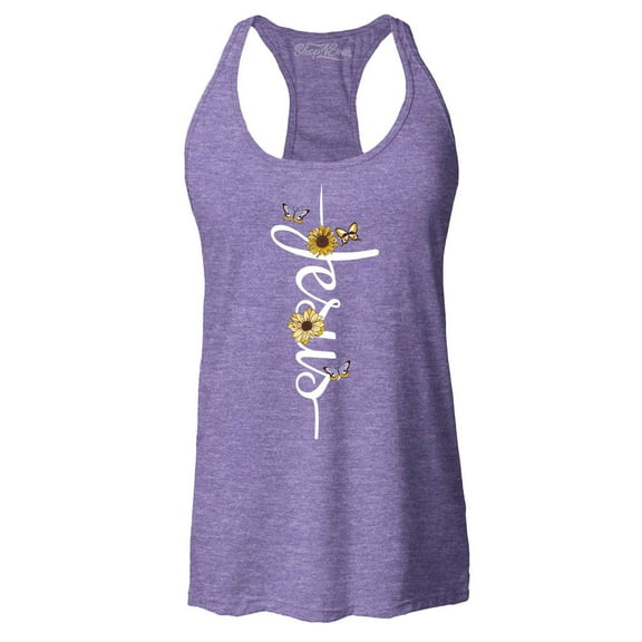 Shop4Ever Women's Jesus Script Cross with Flowers and Butterflies Racerback Tank Top XX-Large Purple
