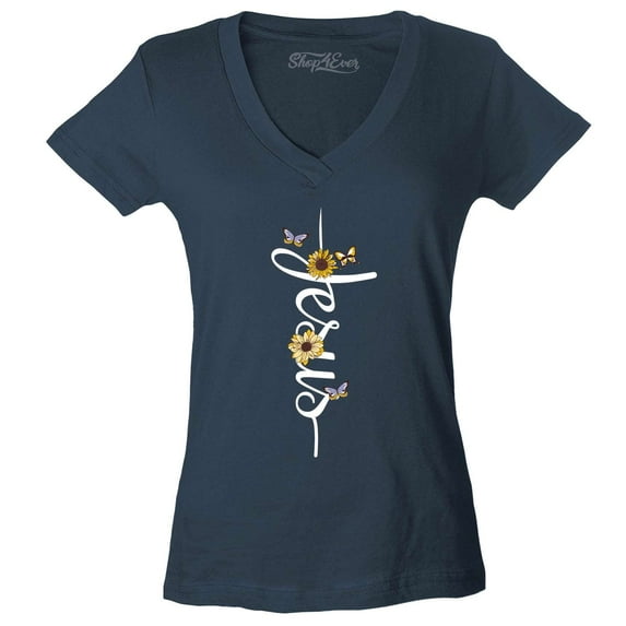 Shop4Ever Women's Jesus Script Cross with Flowers and Butterflies Slim Fit V-Neck T-Shirt Large Charcoal