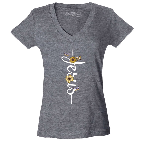 Shop4Ever Women's Jesus Script Cross with Flowers and Butterflies Slim Fit V-Neck T-Shirt Large Heather Charcoal
