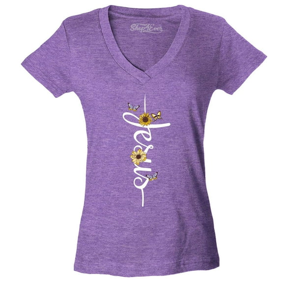 Shop4Ever Women's Jesus Script Cross with Flowers and Butterflies Slim Fit V-Neck T-Shirt Large Heather Purple