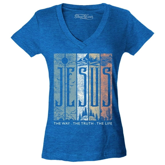 Shop4Ever Women's Jesus The Way The Life The Truth Slim Fit V-Neck T-Shirt Large Heather Royal Blue
