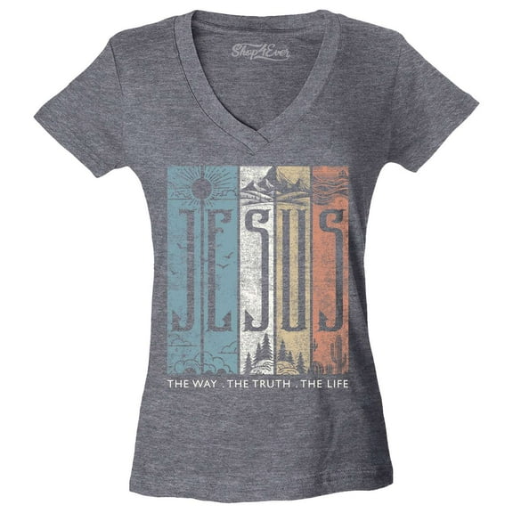 Shop4Ever Women's Jesus The Way The Life The Truth Slim Fit V-Neck T-Shirt Medium Heather Charcoal