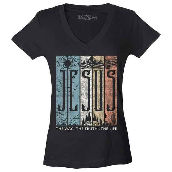 Shop4Ever Women's Jesus The Way The Life The Truth Slim Fit V-Neck T-Shirt X-Large Black