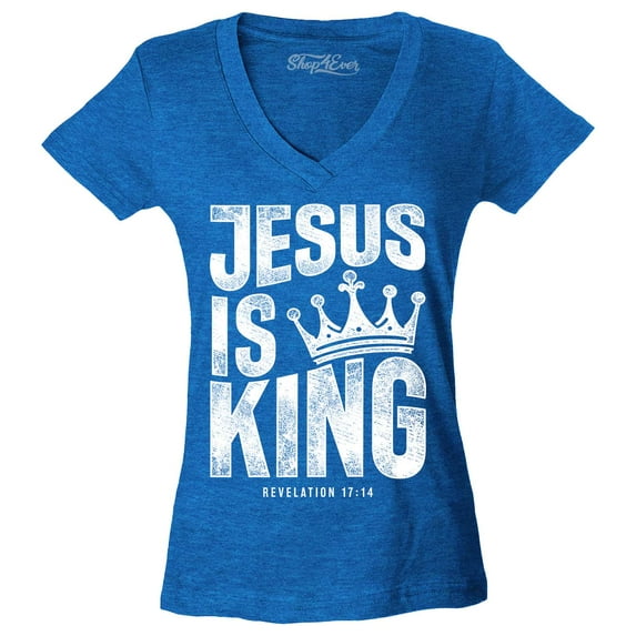Shop4Ever Women's Jesus is King Revelation 17:14 Slim Fit V-Neck T-Shirt XX-Large Heather Royal Blue