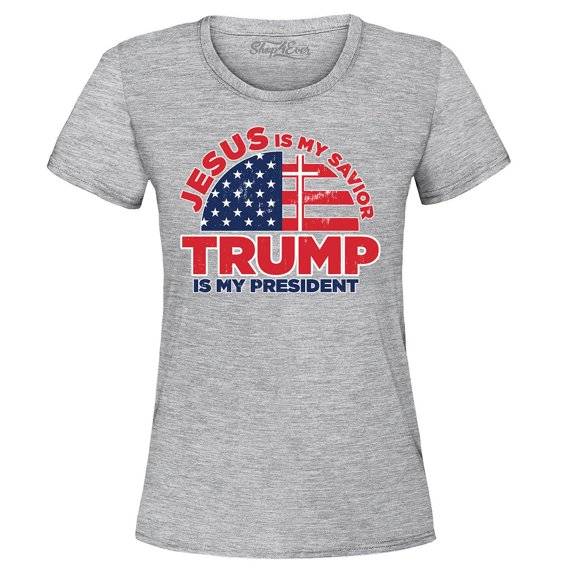 Shop4Ever Women's Jesus is My Savior Trump is My President Graphic T-Shirt Small Sports Grey