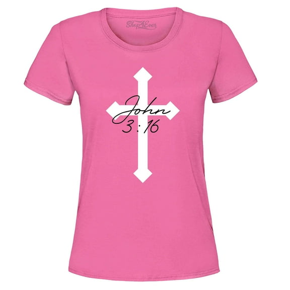 Shop4Ever Women's John 3:16 Bible Verse Script Cross Graphic T-Shirt Large Azalea Pink