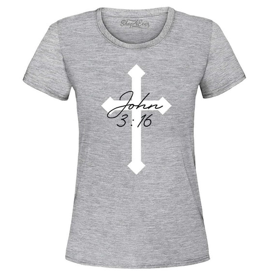 Shop4Ever Women's John 3:16 Bible Verse Script Cross Graphic T-Shirt Medium Sports Grey