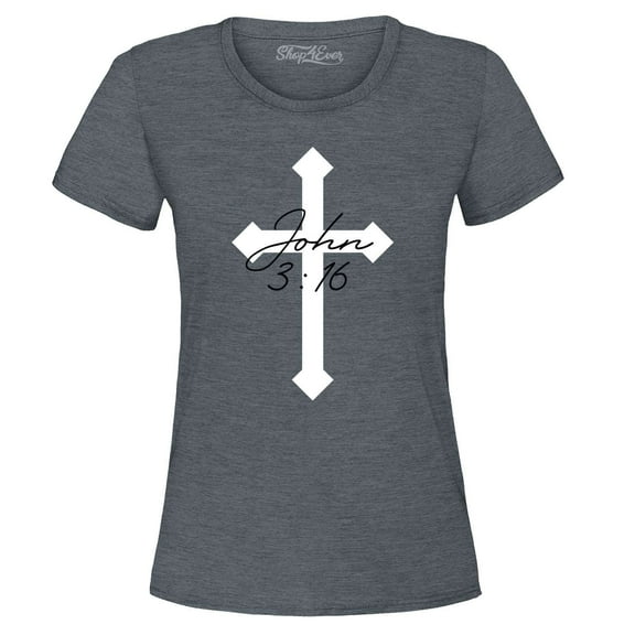 Shop4Ever Women's John 3:16 Bible Verse Script Cross Graphic T-Shirt Small Dark Heather