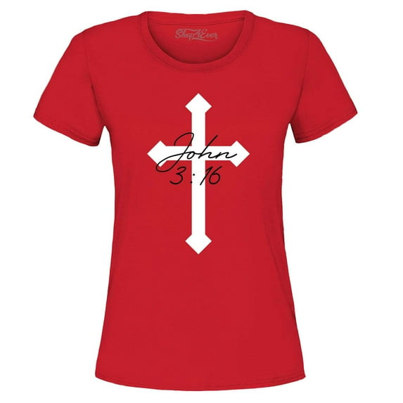 Shop4Ever Women's John 3:16 Bible Verse Script Cross Graphic T-Shirt XX-Large Red