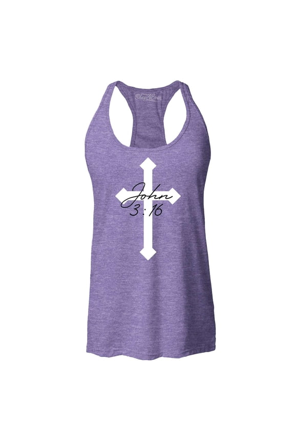 Women's John 3:16 Bible Verse Script Cross Racerback Tank Top Large Purple