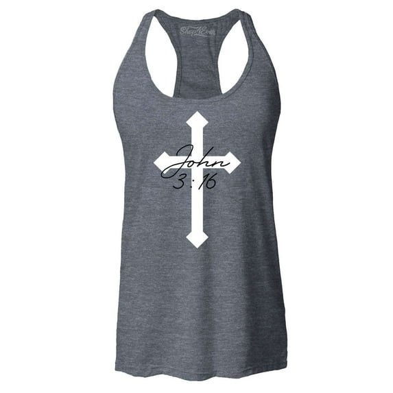 Shop4Ever Women's John 3:16 Bible Verse Script Cross Racerback Tank Top X-Large Charcoal