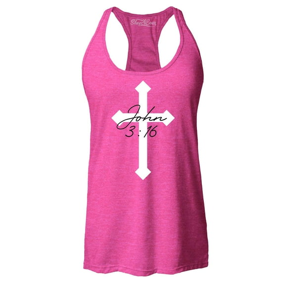 Shop4Ever Women's John 3:16 Bible Verse Script Cross Racerback Tank Top X-Large Fuchsia